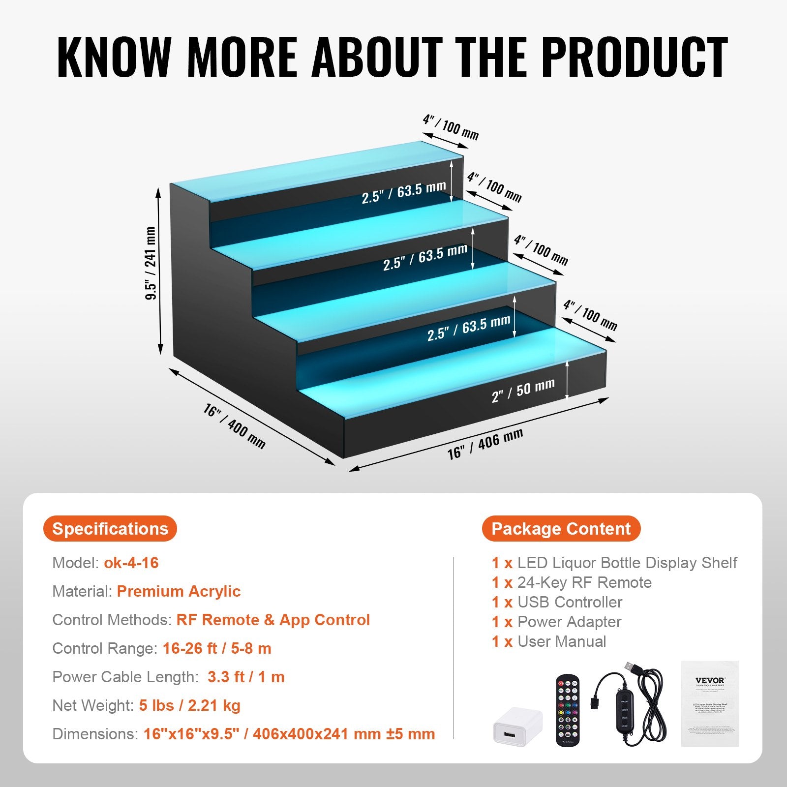 LED Lighted Liquor Bottle Display Bar Shelf RF & App Control 406 mm 4-Step V952-ZTXLEDJPZSJ4YKGNLV3