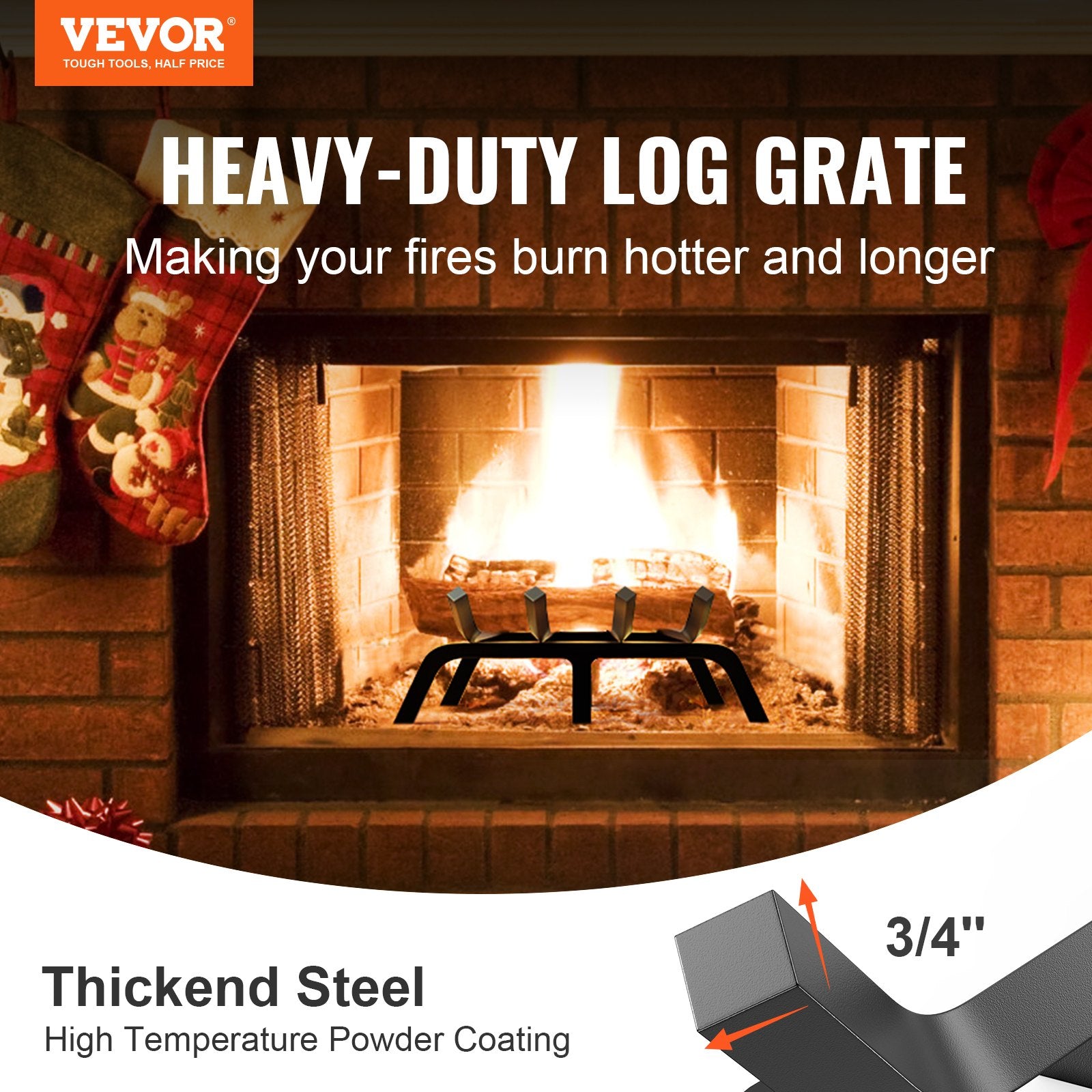 Fireplace Log Grate, 18 inch Heavy Duty Fireplace Grate with 6 Support Legs, Solid Powder-coated Steel Bars, V952-ZTXYMP34X3418YQPWV0