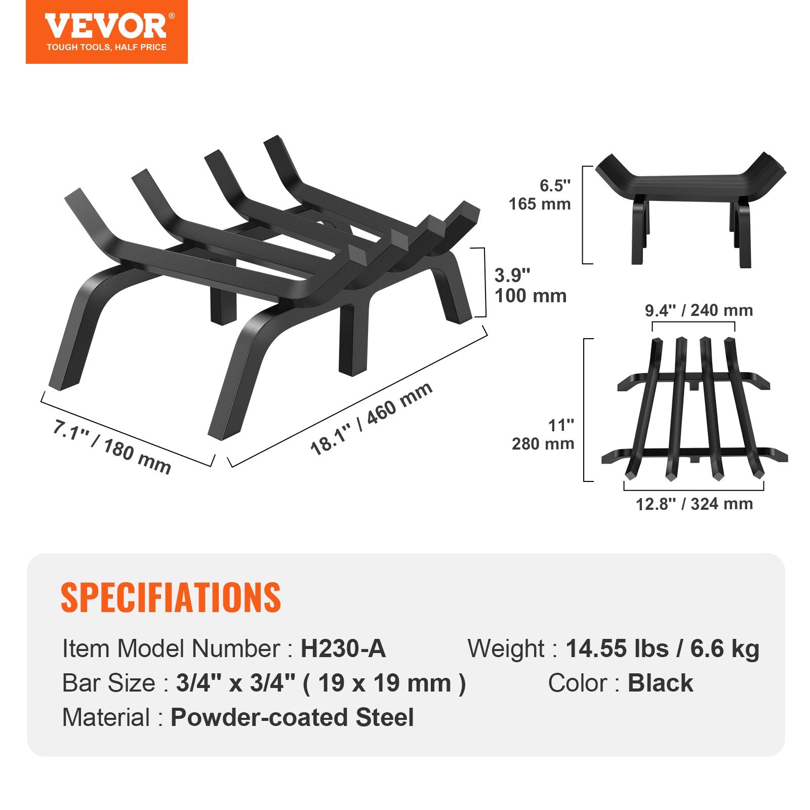 Fireplace Log Grate, 18 inch Heavy Duty Fireplace Grate with 6 Support Legs, Solid Powder-coated Steel Bars, V952-ZTXYMP34X3418YQPWV0