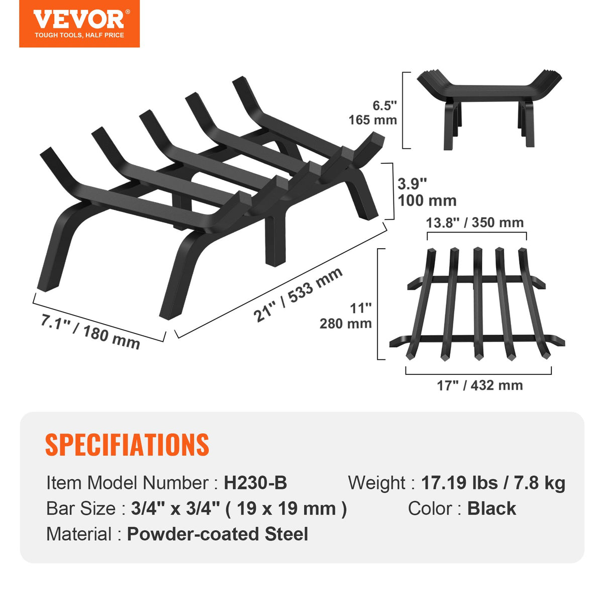 Fireplace Log Grate, 533.4mm Heavy Duty Fireplace Grate with 6 Support Legs, 19.05mm Solid Powder-coated V952-ZTXYMP34X3421GKO8V0