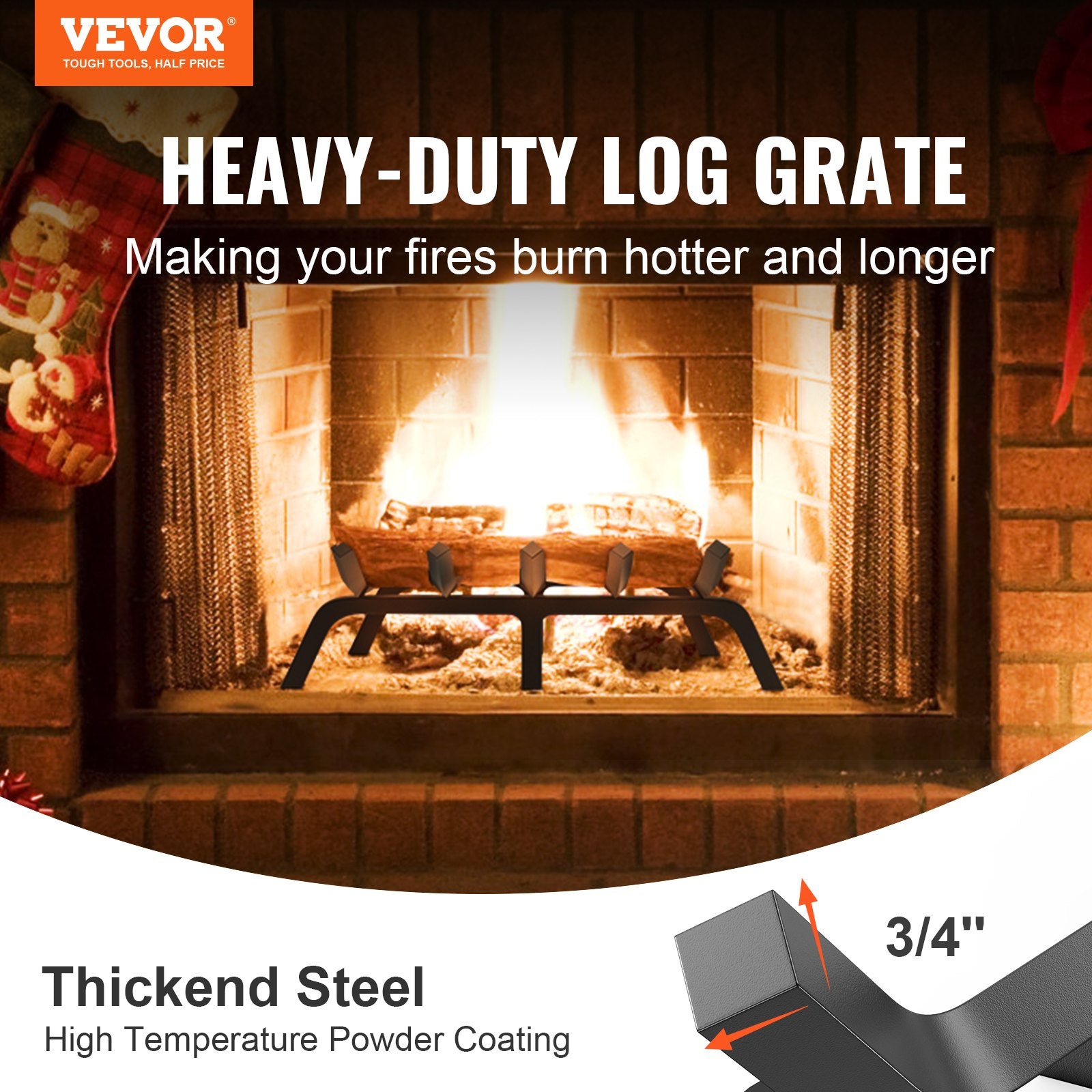 Fireplace Log Grate, 609.6mm Heavy Duty Fireplace Grate with 6 Support Legs, 19.05mm Solid Powder-coated V952-ZTXYMP34X3424Y84PV0
