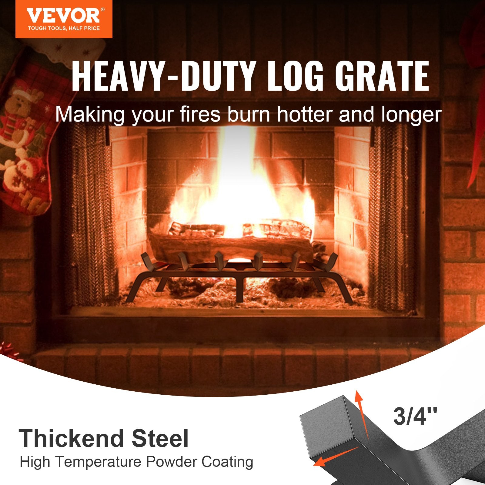 Fireplace Log Grate, 685.8mm Heavy Duty Fireplace Grate with 6 Support Legs, 19.05mm Solid Powder-coated V952-ZTXYMP34X342740JUV0