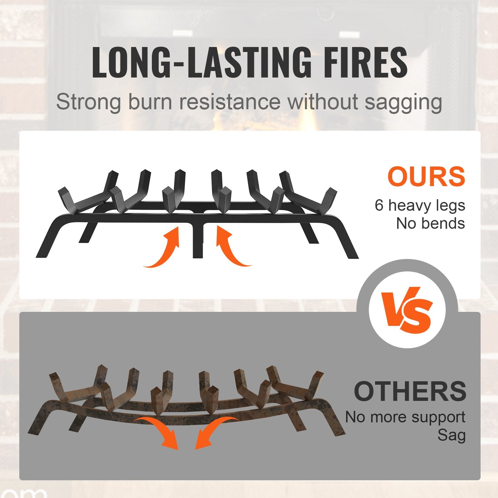 Fireplace Log Grate, 685.8mm Heavy Duty Fireplace Grate with 6 Support Legs, 19.05mm Solid Powder-coated V952-ZTXYMP34X342740JUV0