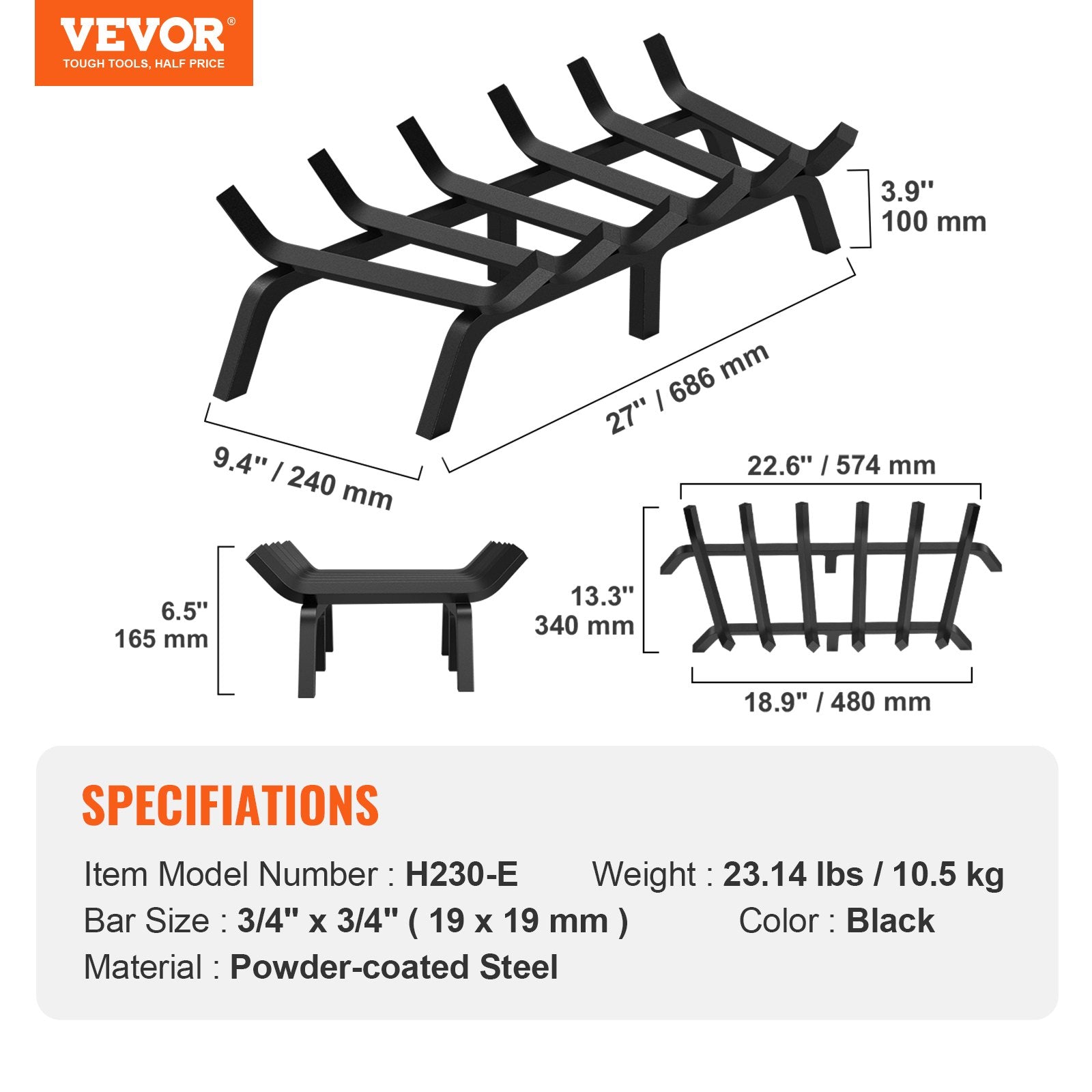 Fireplace Log Grate, 685.8mm Heavy Duty Fireplace Grate with 6 Support Legs, 19.05mm Solid Powder-coated V952-ZTXYMP34X342740JUV0