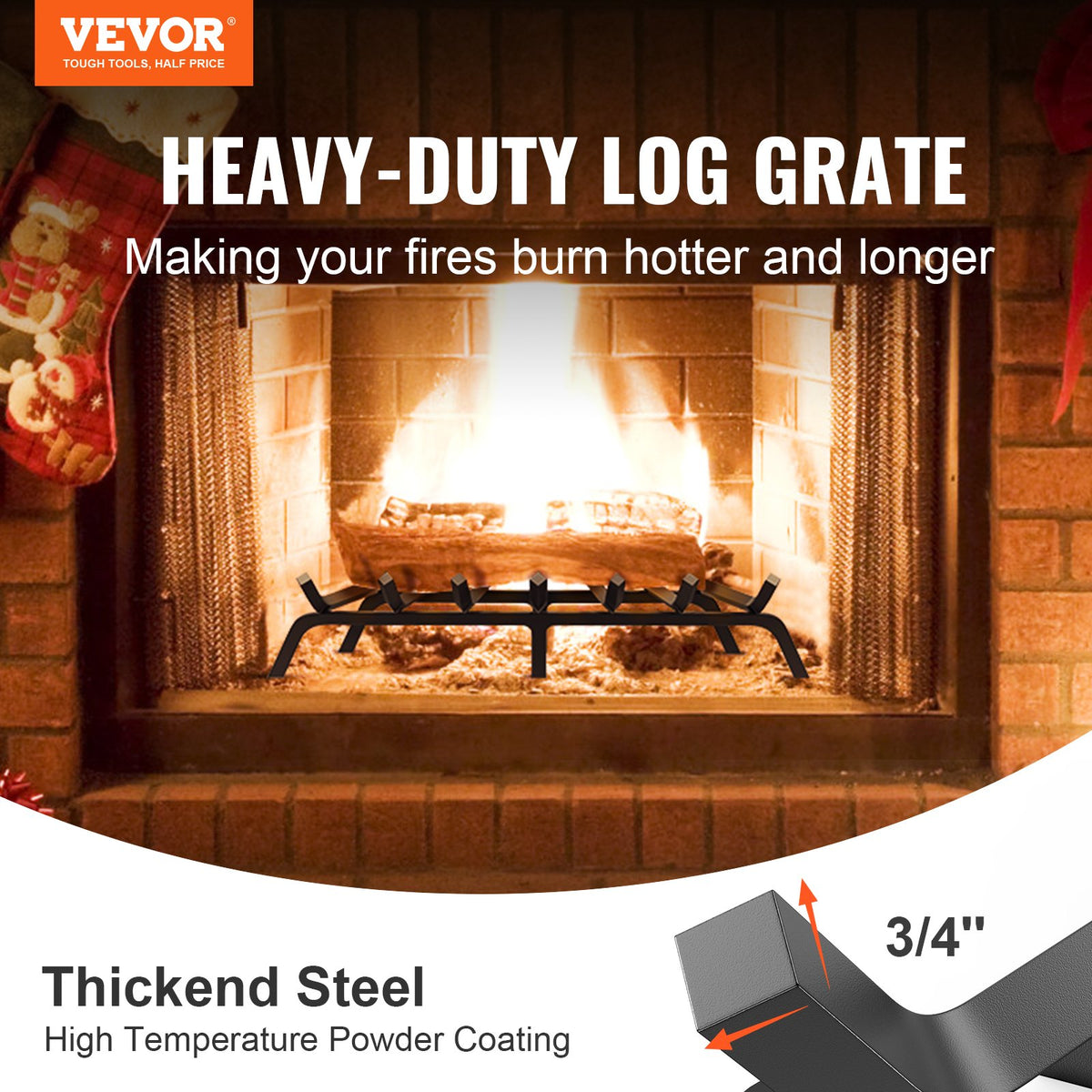 Fireplace Log Grate, 762mm Heavy Duty Fireplace Grate with 6 Support Legs, 19.05mm Solid Powder-coated Steel V952-ZTXYMP34X3430EWF0V0