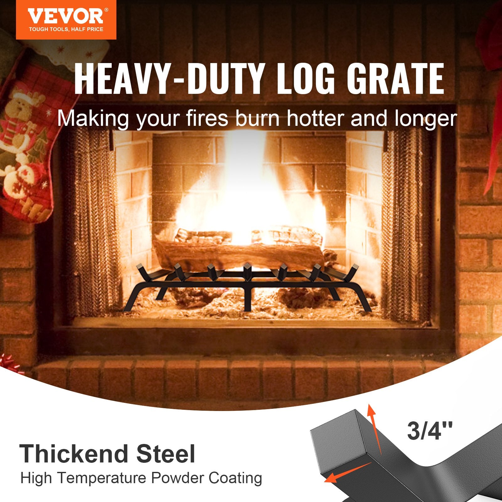 Fireplace Log Grate, 762mm Heavy Duty Fireplace Grate with 6 Support Legs, 19.05mm Solid Powder-coated Steel V952-ZTXYMP34X3430EWF0V0
