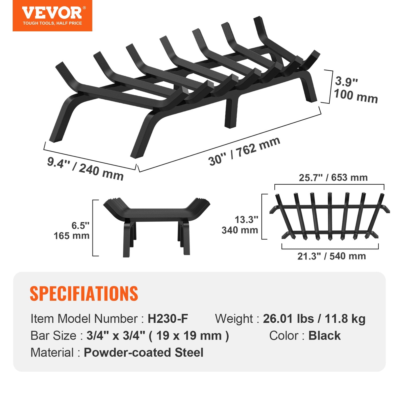 Fireplace Log Grate, 762mm Heavy Duty Fireplace Grate with 6 Support Legs, 19.05mm Solid Powder-coated Steel V952-ZTXYMP34X3430EWF0V0