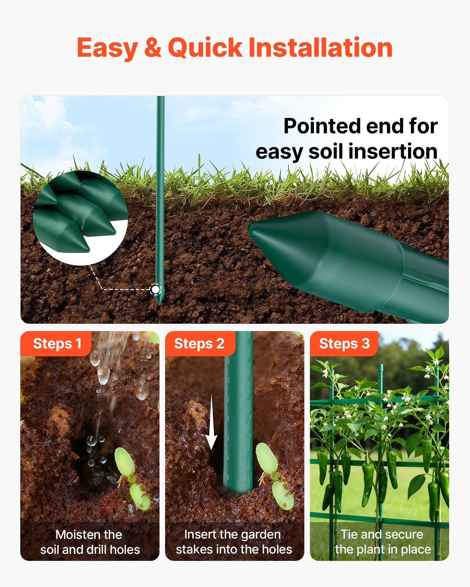 Garden Stakes, 50 Pack, 1170 mm, Plastic Coated Metal Tomato Stakes, Garden Sticks for Plants Support, with V952-ZWZCHYZ12M11ZDALY001V0