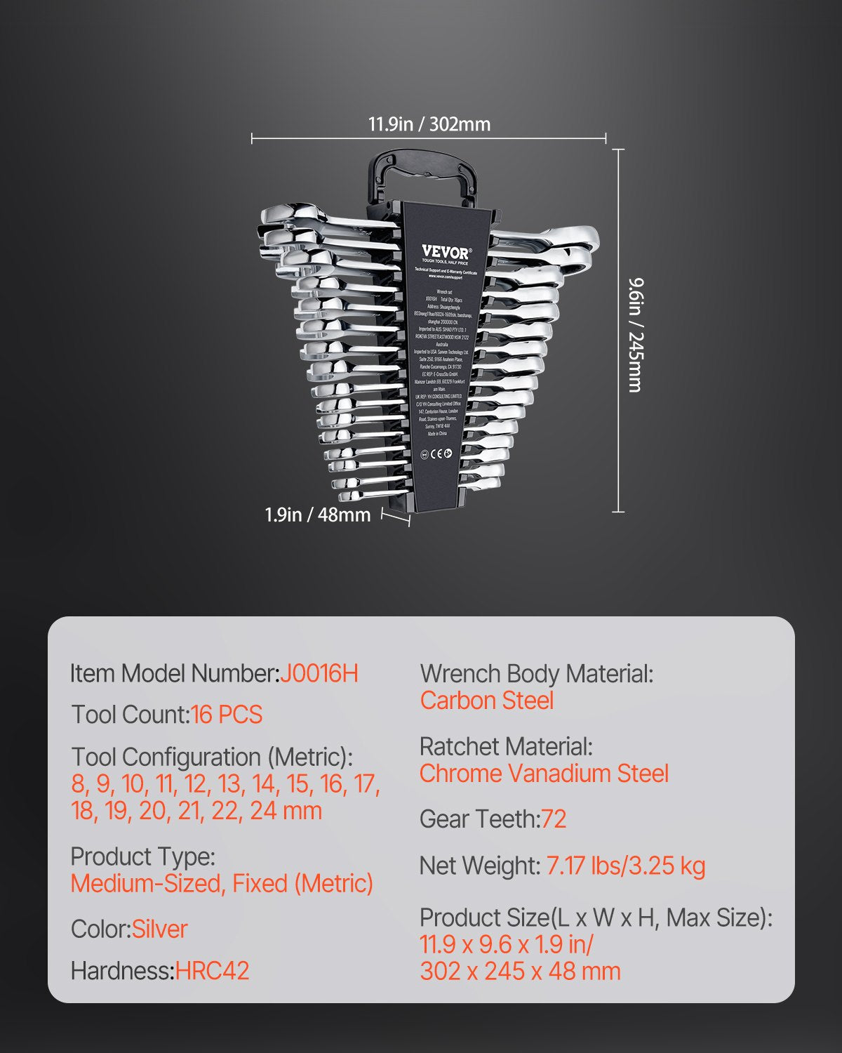 Combination Wrench Set, 16-Piece Ratcheting Wrench Set with Organizer Rack, Cr-V Steel Wrench Set Metric 8 mm V952-ZXBSTZGDK16PX3TR1V0