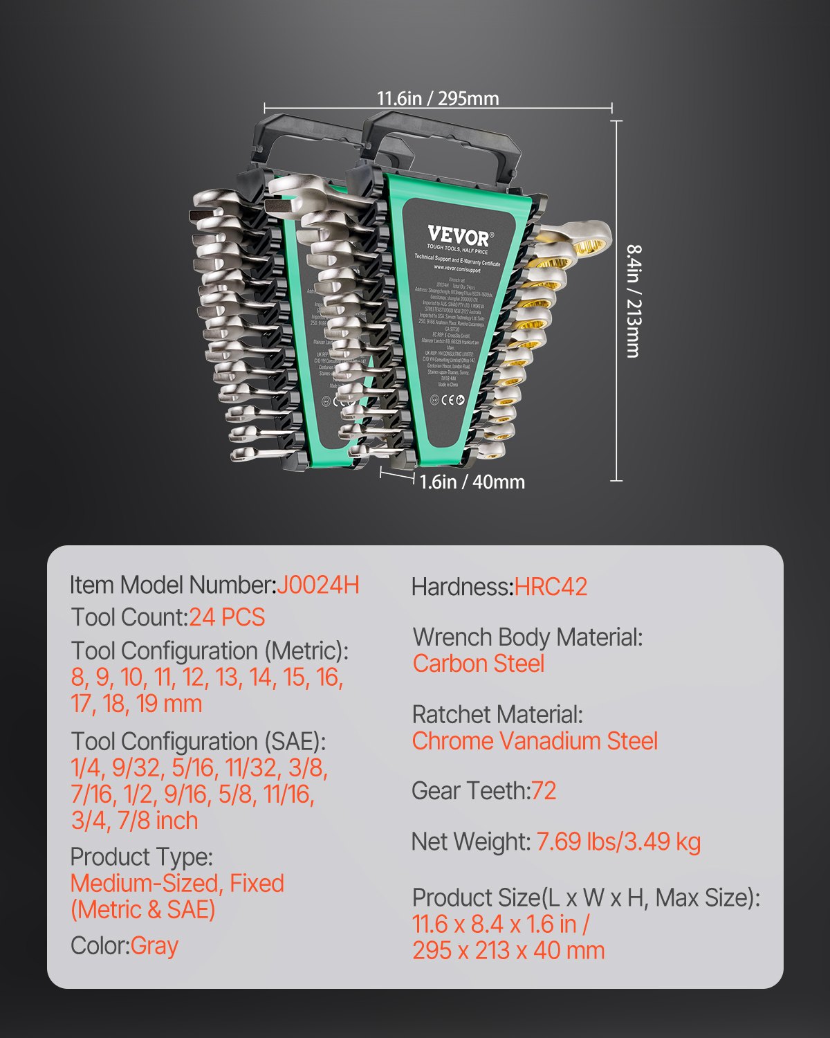 Combination Wrench Set 24 PCS SAE 1/4" - 7/8" Metric 8-19mm Organizer Rack V952-ZXBSTZGDK24PU44S3V0
