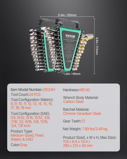 Combination Wrench Set 24 PCS SAE 1/4" - 7/8" Metric 8-19mm Organizer Rack V952-ZXBSTZGDK24PU44S3V0