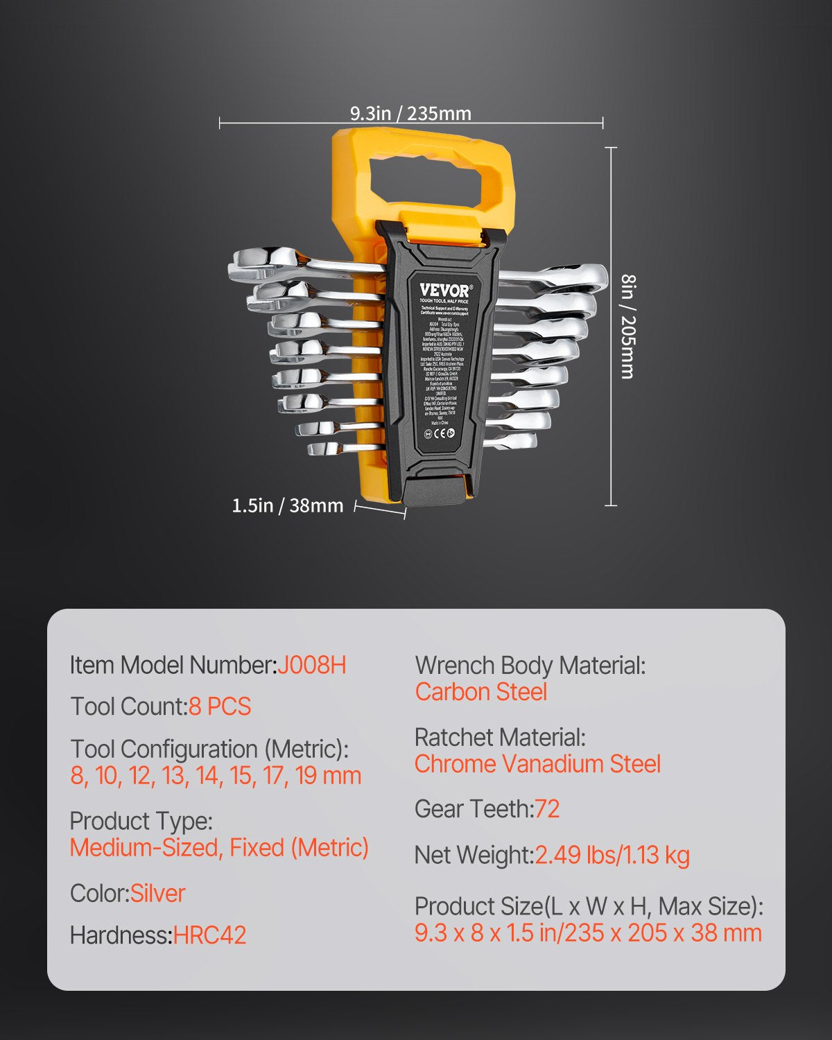 Combination Wrench Set 8-Piece Metric 8 mm to 19 mm with Organizer Rack V952-ZXBSTZGDK8PCTOFDPV0