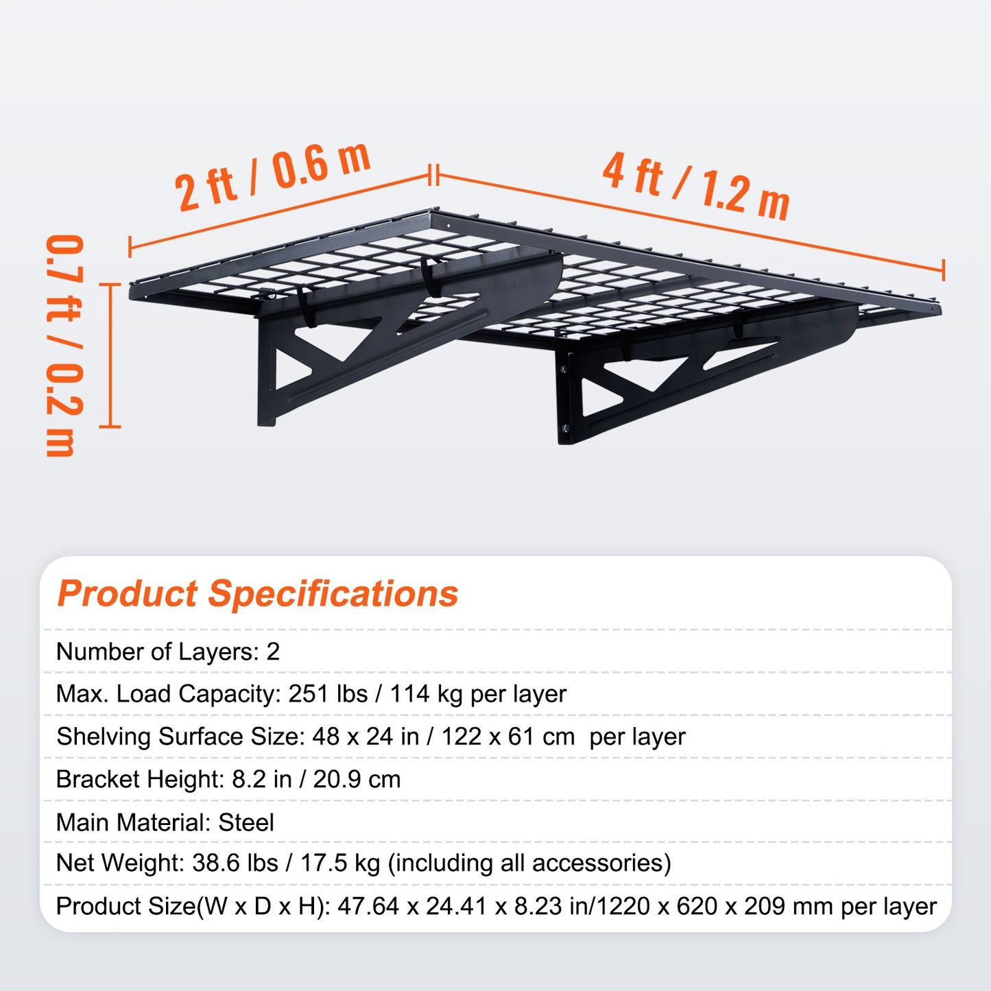 Garage Storage Shelving, 2 Pack, 122 x 61 cm Heavy Duty Garage Shelves Wall Mounted, 502 lbs Load V952-ZXCKGBDHSSC48G32SV0