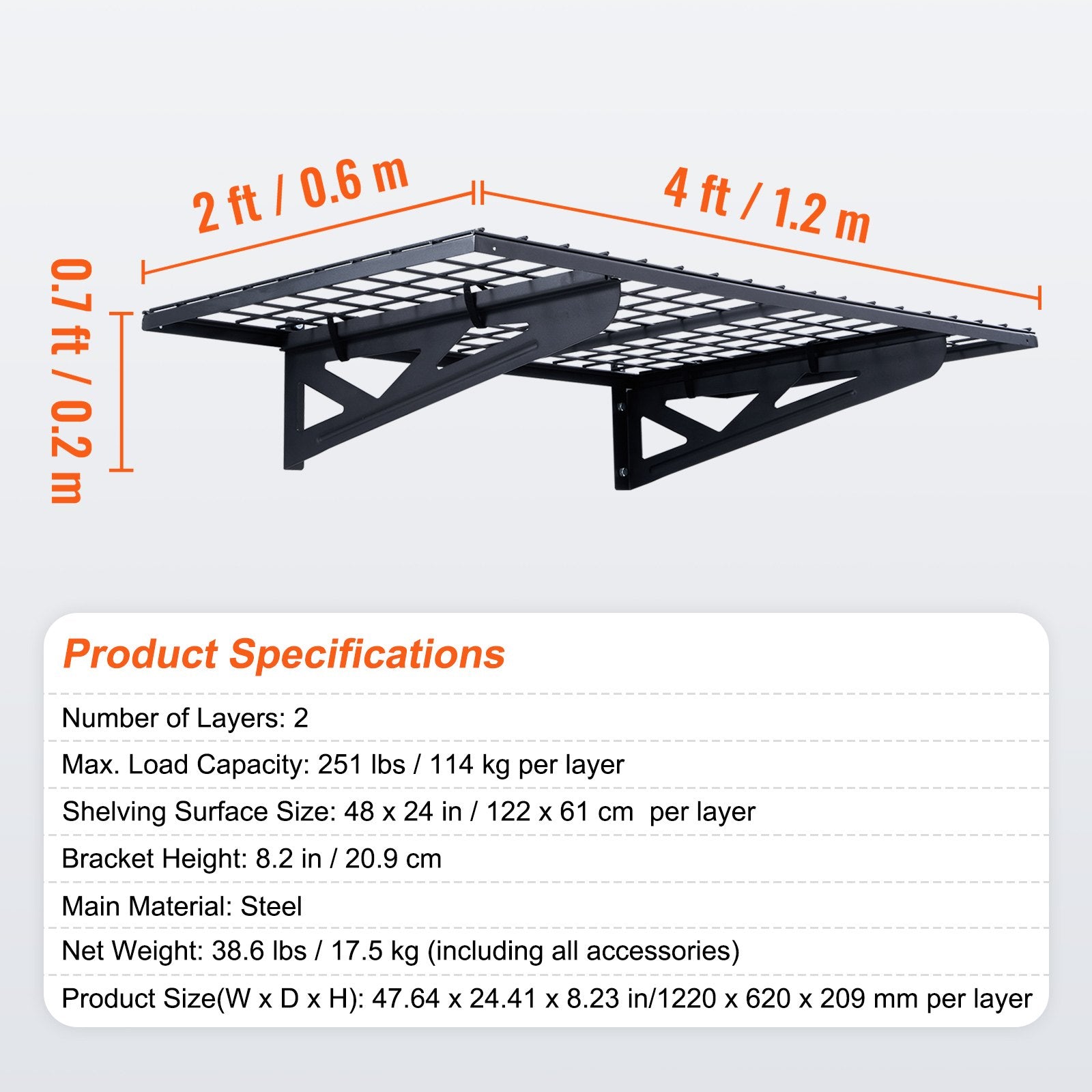 Garage Storage Shelving, 2 Pack, 122 x 61 cm Heavy Duty Garage Shelves Wall Mounted, 502 lbs Load V952-ZXCKGBDHSSC48G32SV0