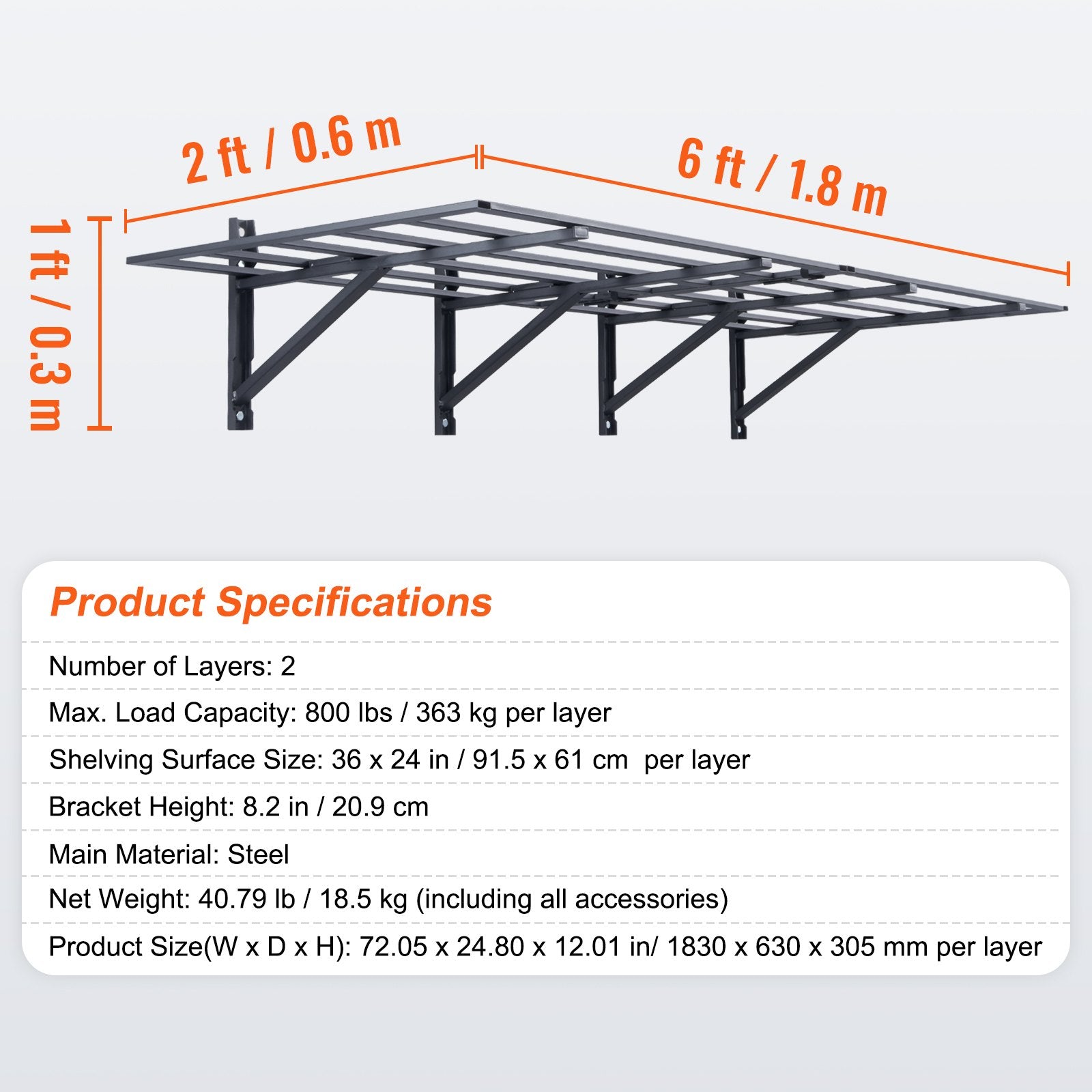 2PCS 72x24in Garage Storage Shelving Wall Mounted Heavy Duty Shelves Rack V952-ZXCKGBHSSCD72F9WLV0