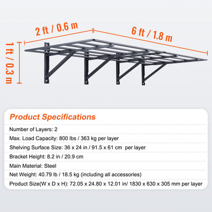 2PCS 72x24in Garage Storage Shelving Wall Mounted Heavy Duty Shelves Rack V952-ZXCKGBHSSCD72F9WLV0