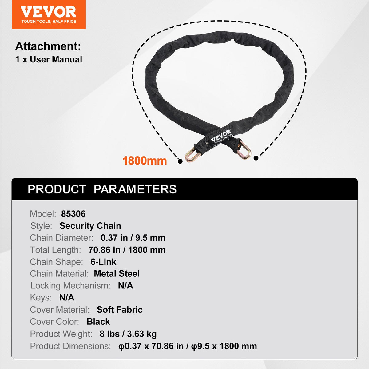 Bike Chain Lock, 5.91 Ft Security Bicycle Chain Lock, Heavy Duty Metal Steel Anti-Theft High Security Bike V952-ZXCLSAQLT95MUDFM0V0