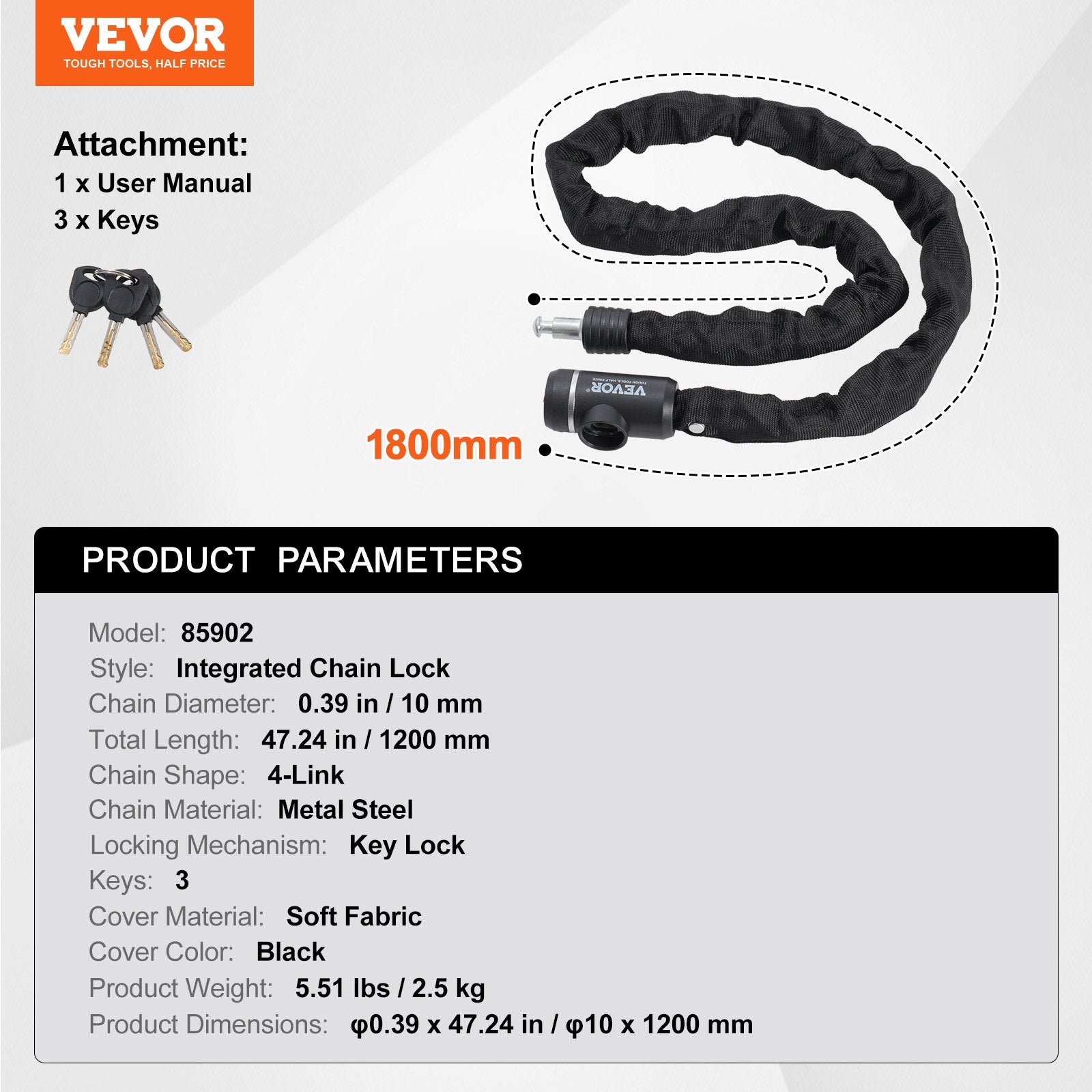 Bike Chain Lock, 3.94 Ft Combination Bicycle Chain Lock with 3 Keys, Heavy Duty Anti-Theft High Security Bike V952-ZXCLSYTSLS10CRJ8WV0