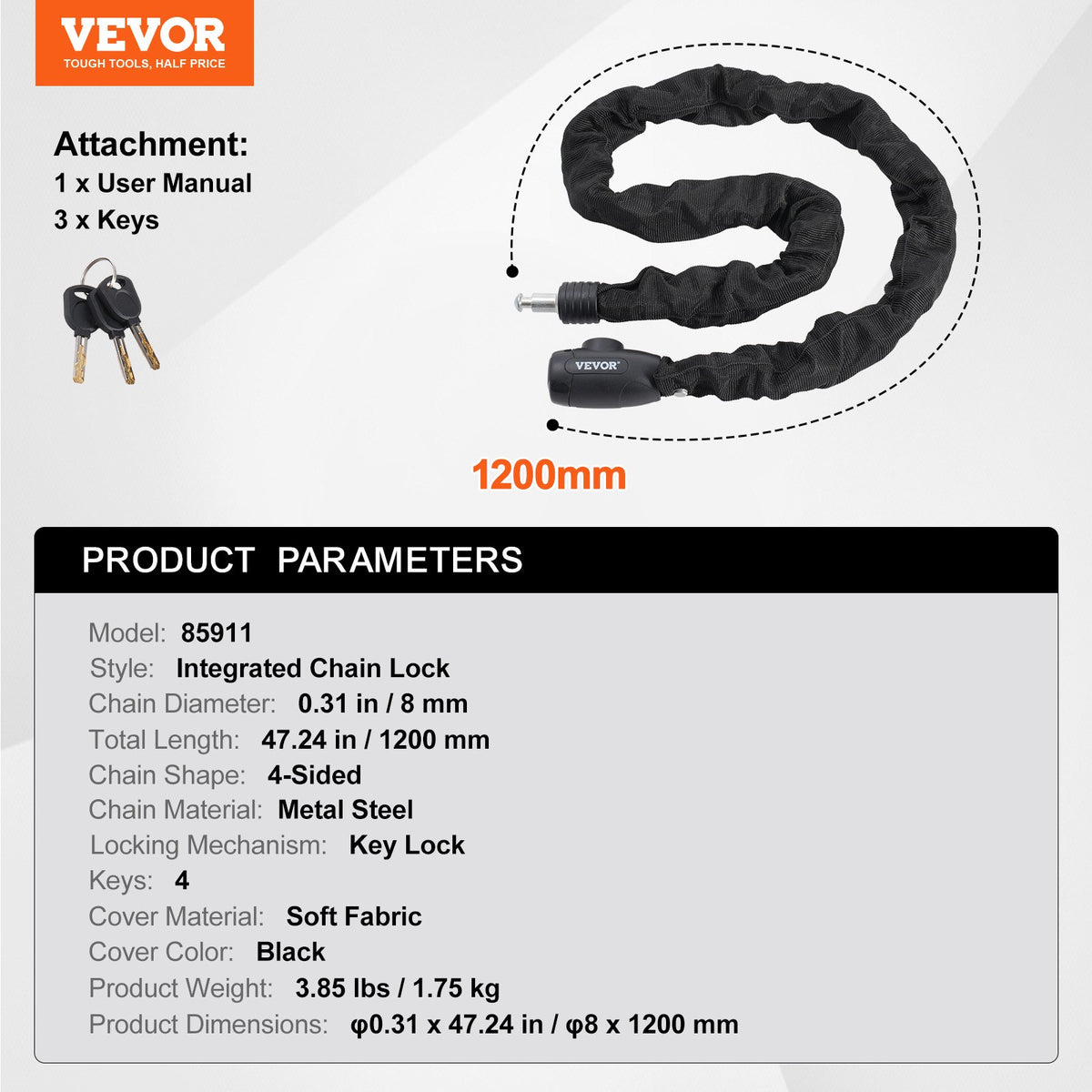 Bike Chain Lock, 3.94 Ft Combination Bicycle Chain Lock with 4 Keys, Heavy Duty Anti-Theft High Security Bike V952-ZXCLSYTSLS8MB6UPYV0
