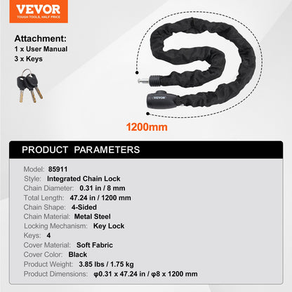 Bike Chain Lock, 3.94 Ft Combination Bicycle Chain Lock with 4 Keys, Heavy Duty Anti-Theft High Security Bike V952-ZXCLSYTSLS8MB6UPYV0