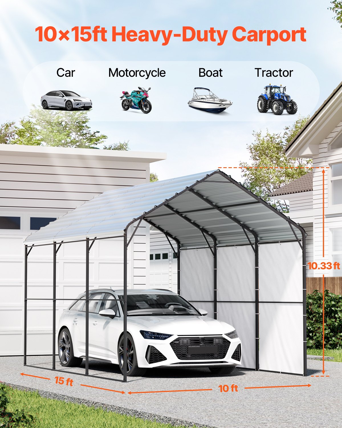 Heavy Duty Metal Carport, 10' x 15' Outdoor Carport with Galvanized Steel Frame & Roof, Car Tent Garage Shade V952-ZXCP10X15FT0DUG2BV0