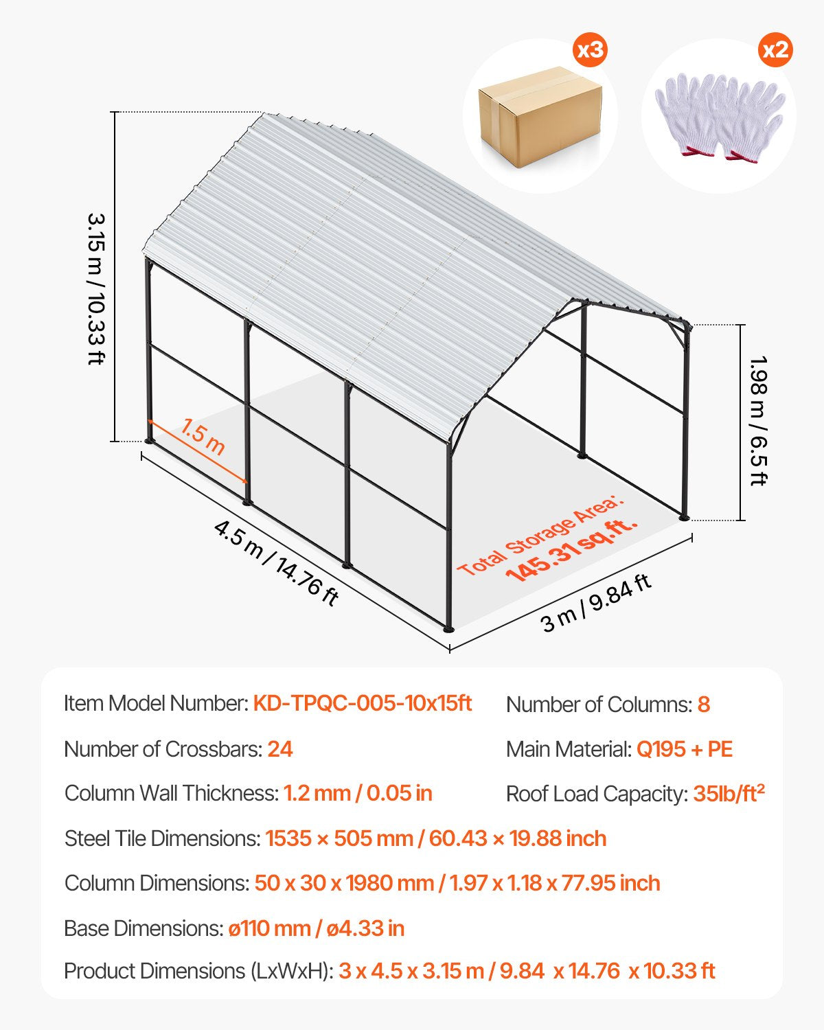 Heavy Duty Metal Carport, 10' x 15' Outdoor Carport with Galvanized Steel Frame & Roof, Car Tent Garage Shade V952-ZXCP10X15FT0DUG2BV0