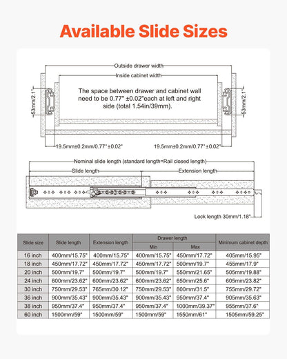 1 Pair Full Extension Drawer Slides 16 18 20 24 30 35 38 59 32 36 40 48 60 in, 250 lbs Load Capacity Locking V952-ZXCTHG250B16W4FVGV0