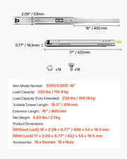 1 Pair Full Extension Drawer Slides 16 18 20 24 30 35 38 59 32 36 40 48 60 in, 250 lbs Load Capacity Locking V952-ZXCTHG250B16W4FVGV0