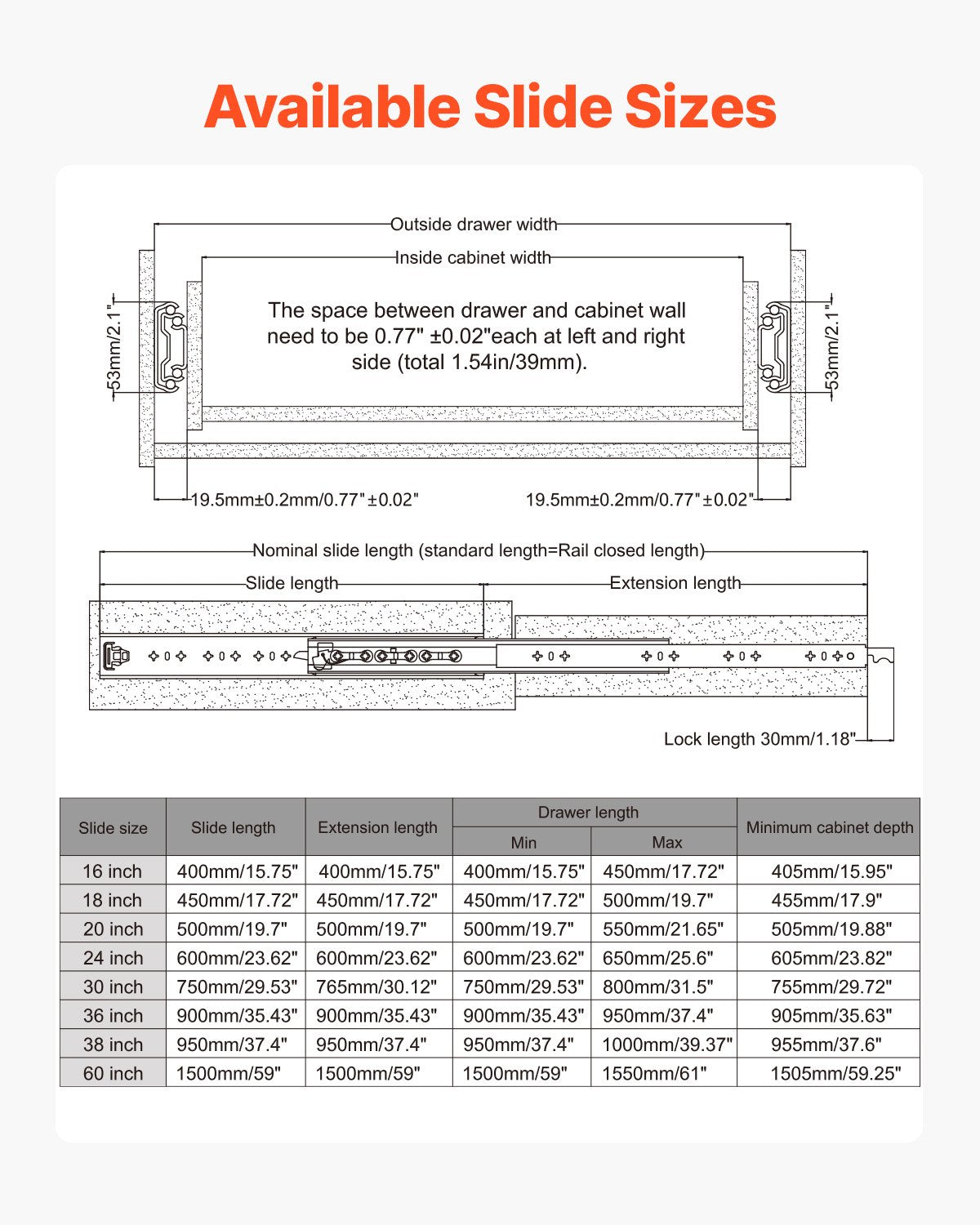 1 Pair 16-60 in Soft-Close Drawer Slides Ball Bearing Full Extension V952-ZXCTHG250B183YB03V0