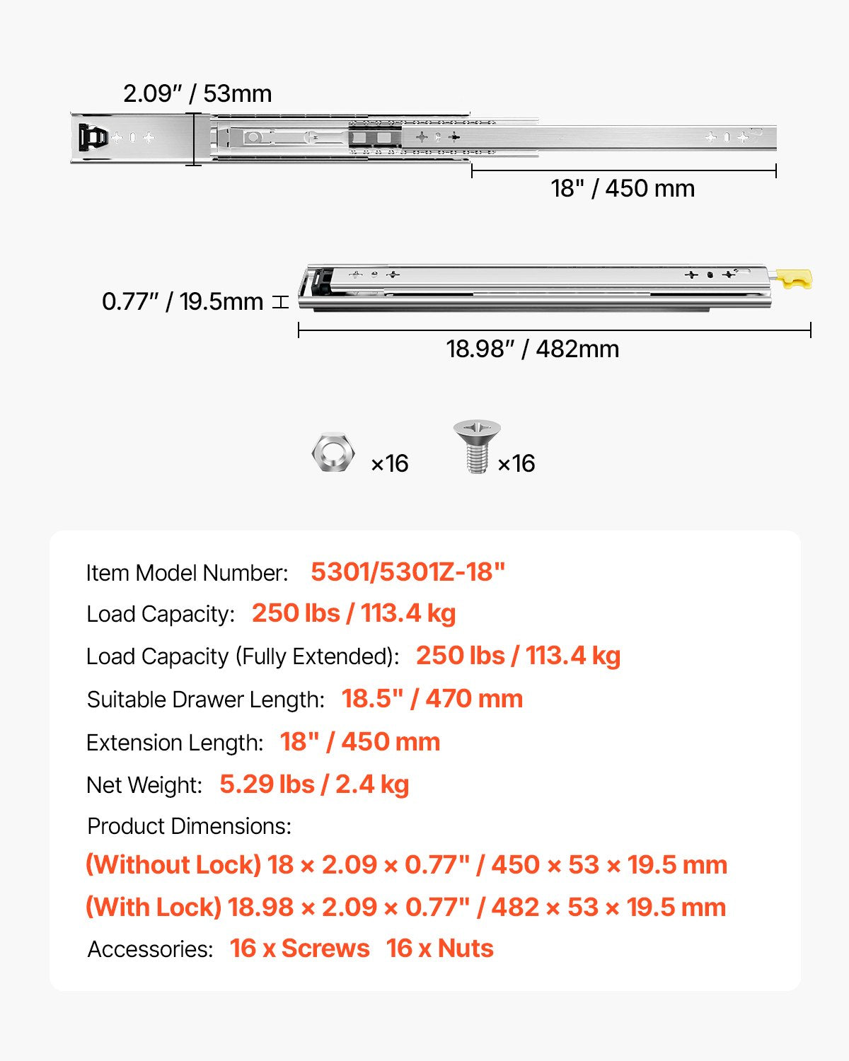 1 Pair 16-60 in Soft-Close Drawer Slides Ball Bearing Full Extension V952-ZXCTHG250B183YB03V0