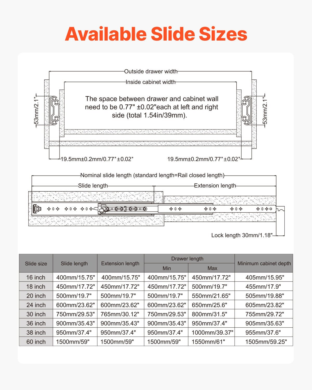 1 Pair 16-60 in Soft-Close Drawer Slides Ball Bearing Full Extension V952-ZXCTHG250B38S8KZPV0