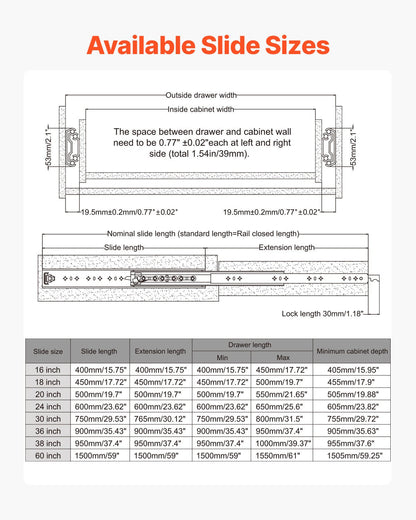 1 Pair 16-60 in Soft-Close Drawer Slides Ball Bearing Full Extension V952-ZXCTHG250B38S8KZPV0
