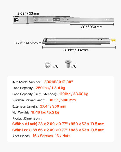 1 Pair 16-60 in Soft-Close Drawer Slides Ball Bearing Full Extension V952-ZXCTHG250B38S8KZPV0