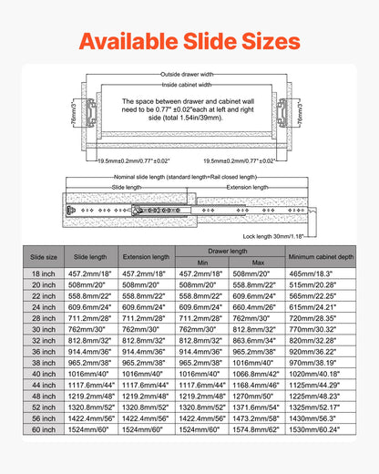 1 Pair 18-60 in Soft-Close Drawer Slides Ball Bearing Full Extension V952-ZXCTHG500B187YXM9V0