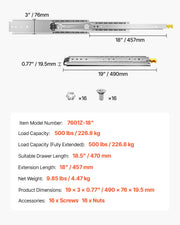 1 Pair 18-60 in Soft-Close Drawer Slides Ball Bearing Full Extension V952-ZXCTHG500B187YXM9V0