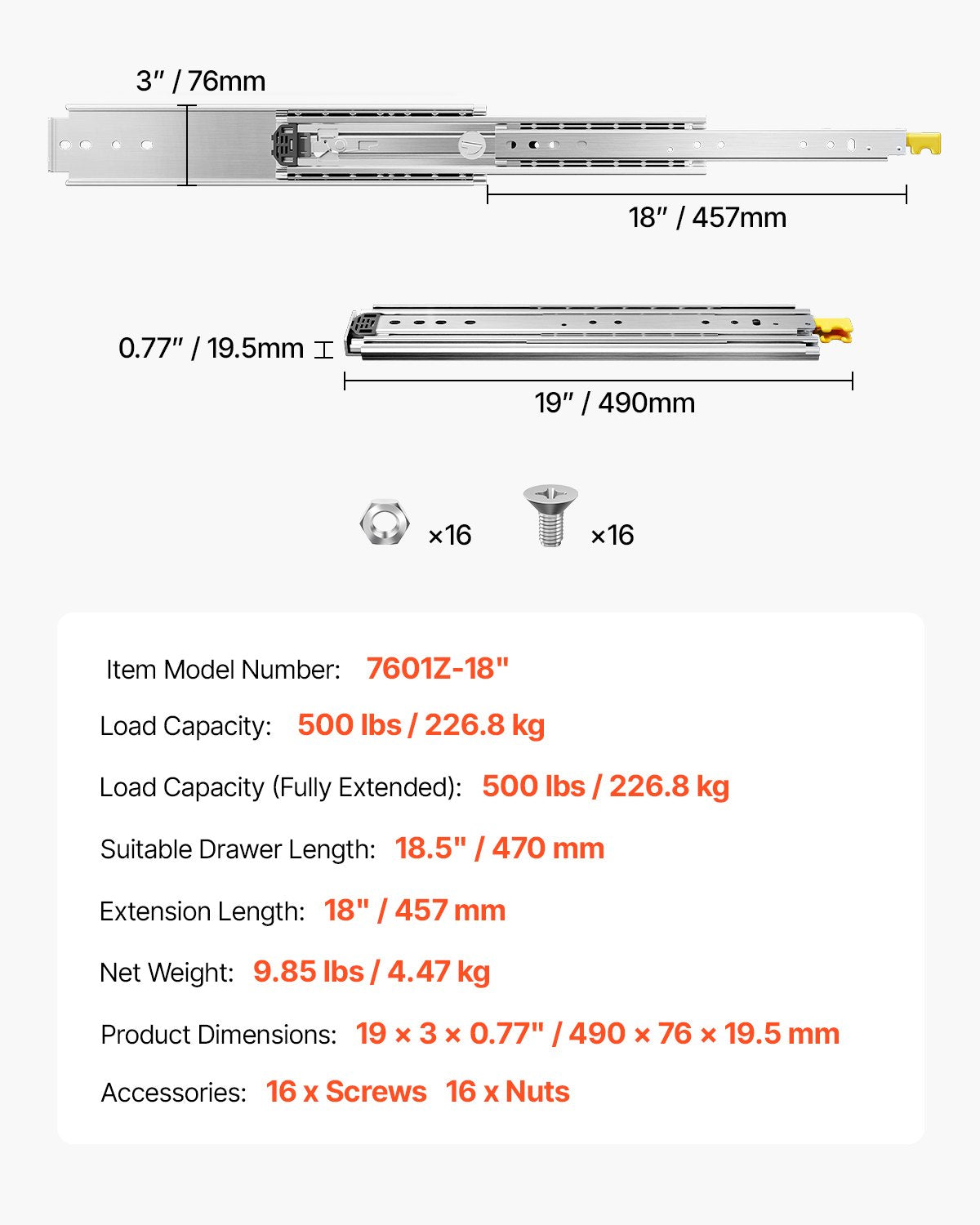 1 Pair 18-60 in Soft-Close Drawer Slides Ball Bearing Full Extension V952-ZXCTHG500B187YXM9V0