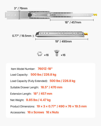 1 Pair 18-60 in Soft-Close Drawer Slides Ball Bearing Full Extension V952-ZXCTHG500B187YXM9V0