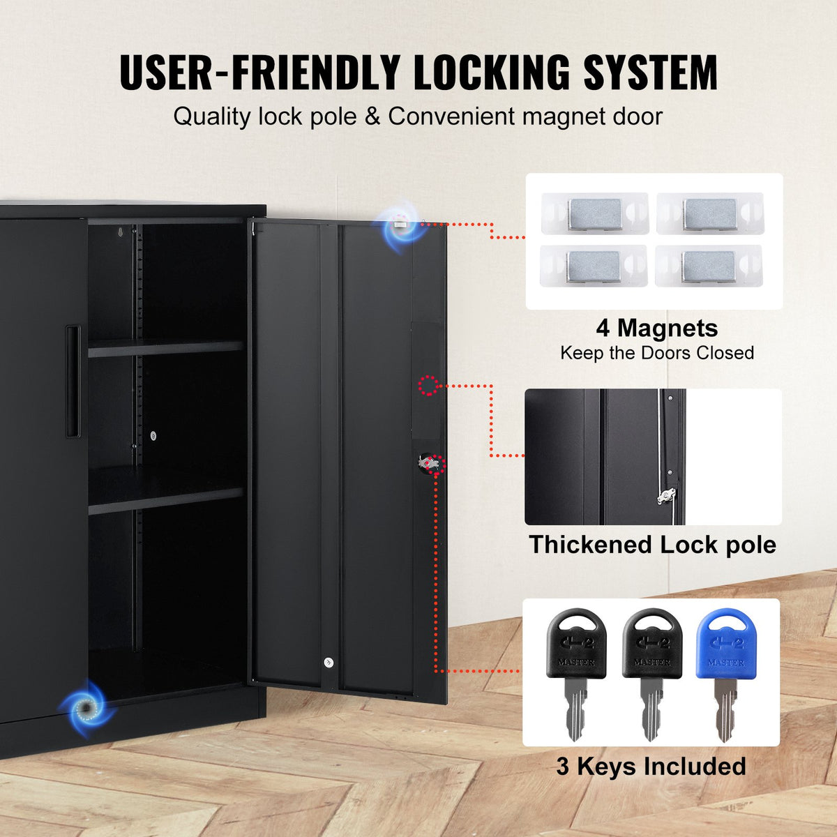 Metal Storage Cabinet w/ 3 Keys 2 Adjustable Shelves & Magnetic Door Black V952-ZXCWJCQHY3180B55IV0