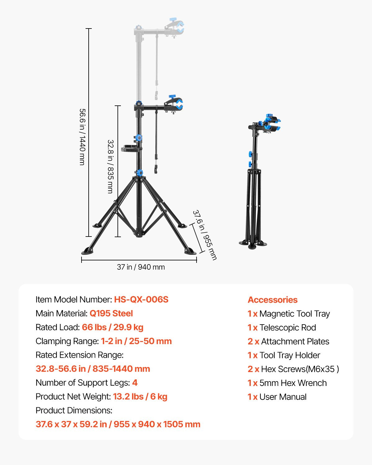 Bike Repair Stand, 29.9 kg Heavy-duty Bicycle Work Stand with 835-1440 mm Adjustable Height & Magnetic Tool V952-ZXCWXZJGZLDSWCEYJ001V0