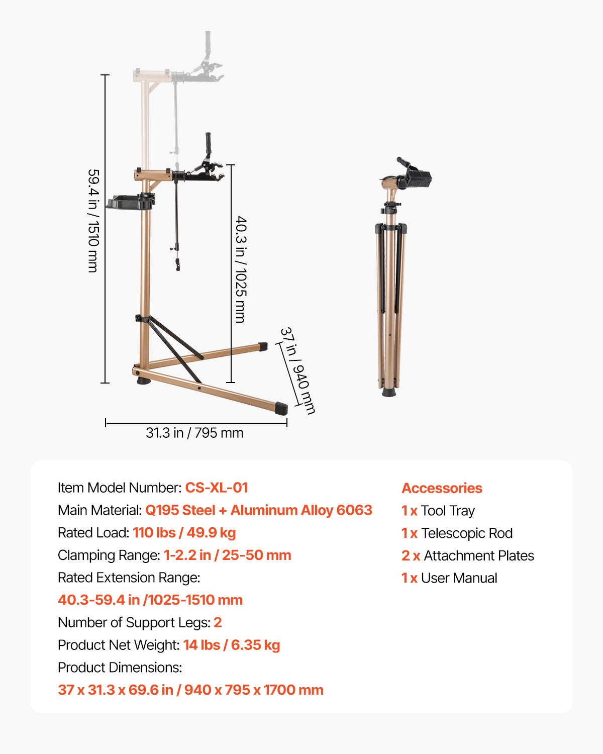 Bike Repair Stand, Max. 49.9 kg Heavy-duty Bicycle Work Stand with 1025-1510 mm Adjustable Height & Large V952-ZXCWXZJLZLDSDYMNF001V0