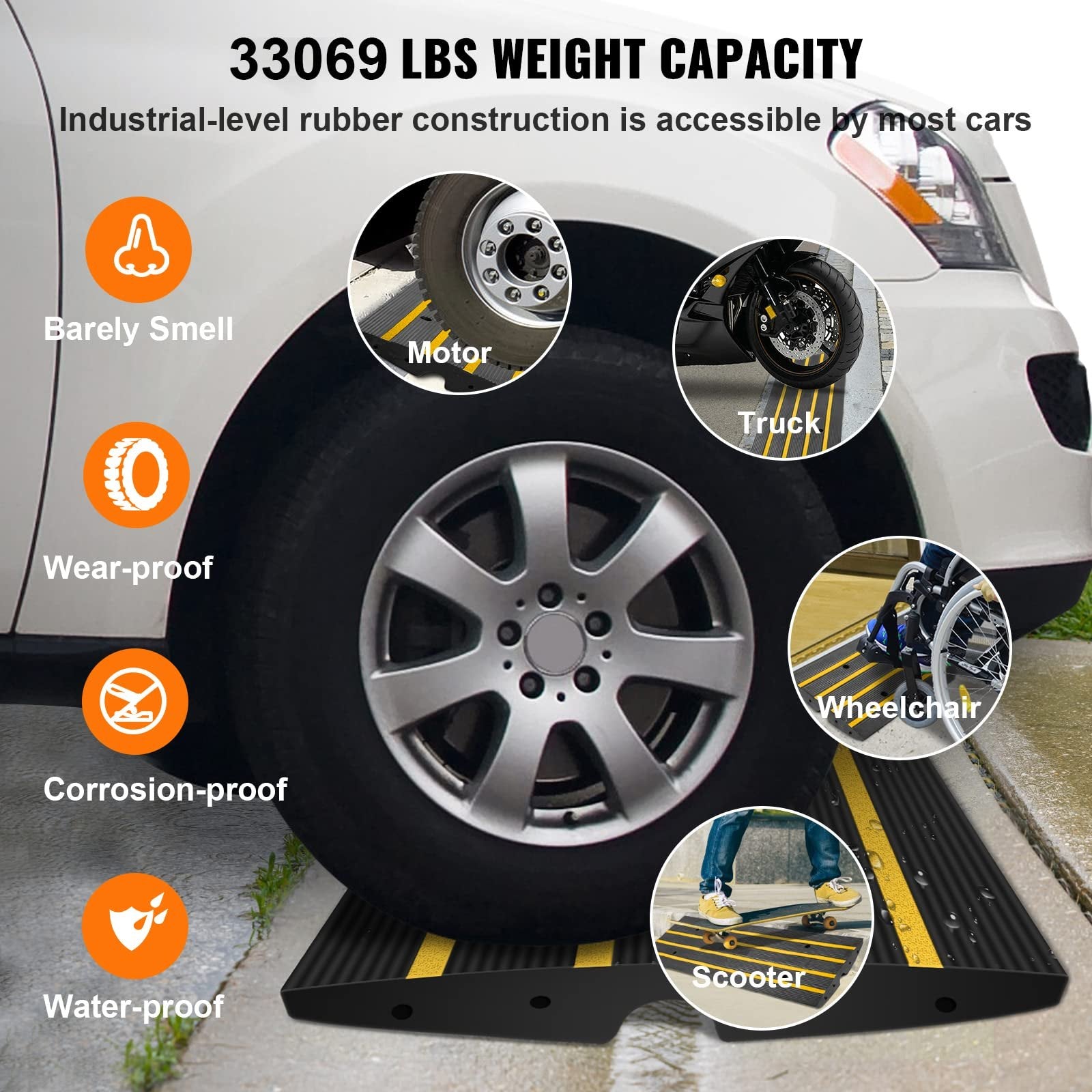 Curb Ramp, 2 Pack, 6.5 cm Rise, Rubber Driveway Ramps, Heavy Duty 15 tons Weight Capacity Threshold Ramp, V952-ZXDBLYPDGB2483DSGV0