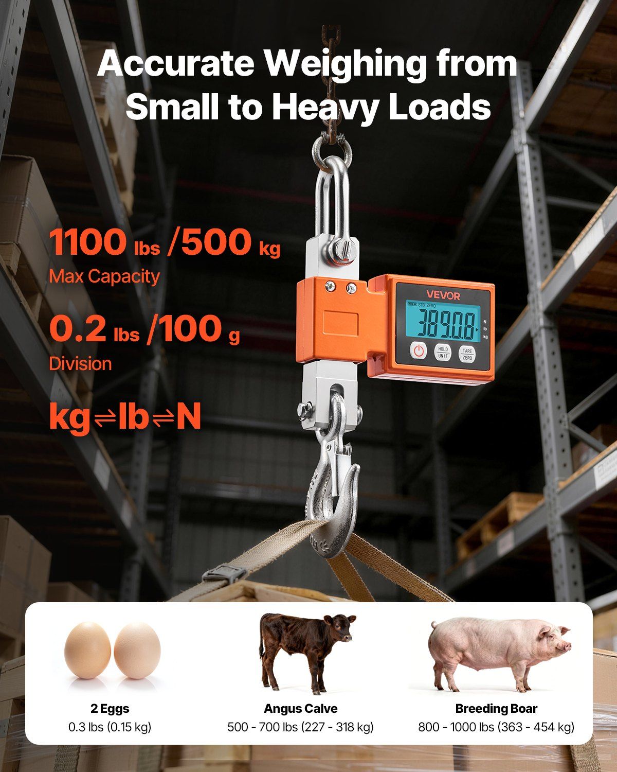 Digital Crane Scale, 1100 lbs/500 kg Max Capacity, Heavy Duty Industrial Hanging Scale with Cast Aluminum V952-ZXDCDZK100GY2HJJS001V9