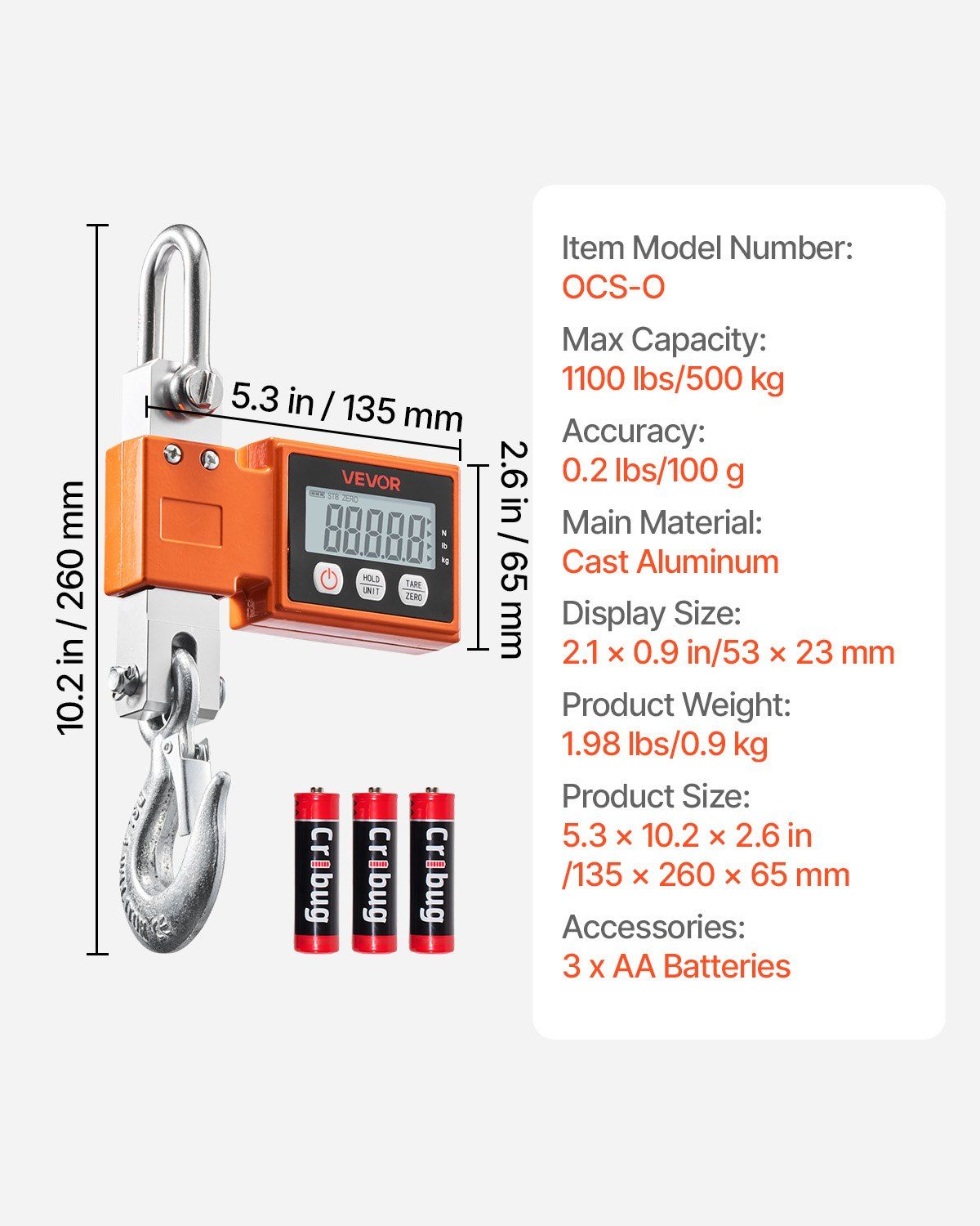 Digital Crane Scale, 1100 lbs/500 kg Max Capacity, Heavy Duty Industrial Hanging Scale with Cast Aluminum V952-ZXDCDZK100GY2HJJS001V9