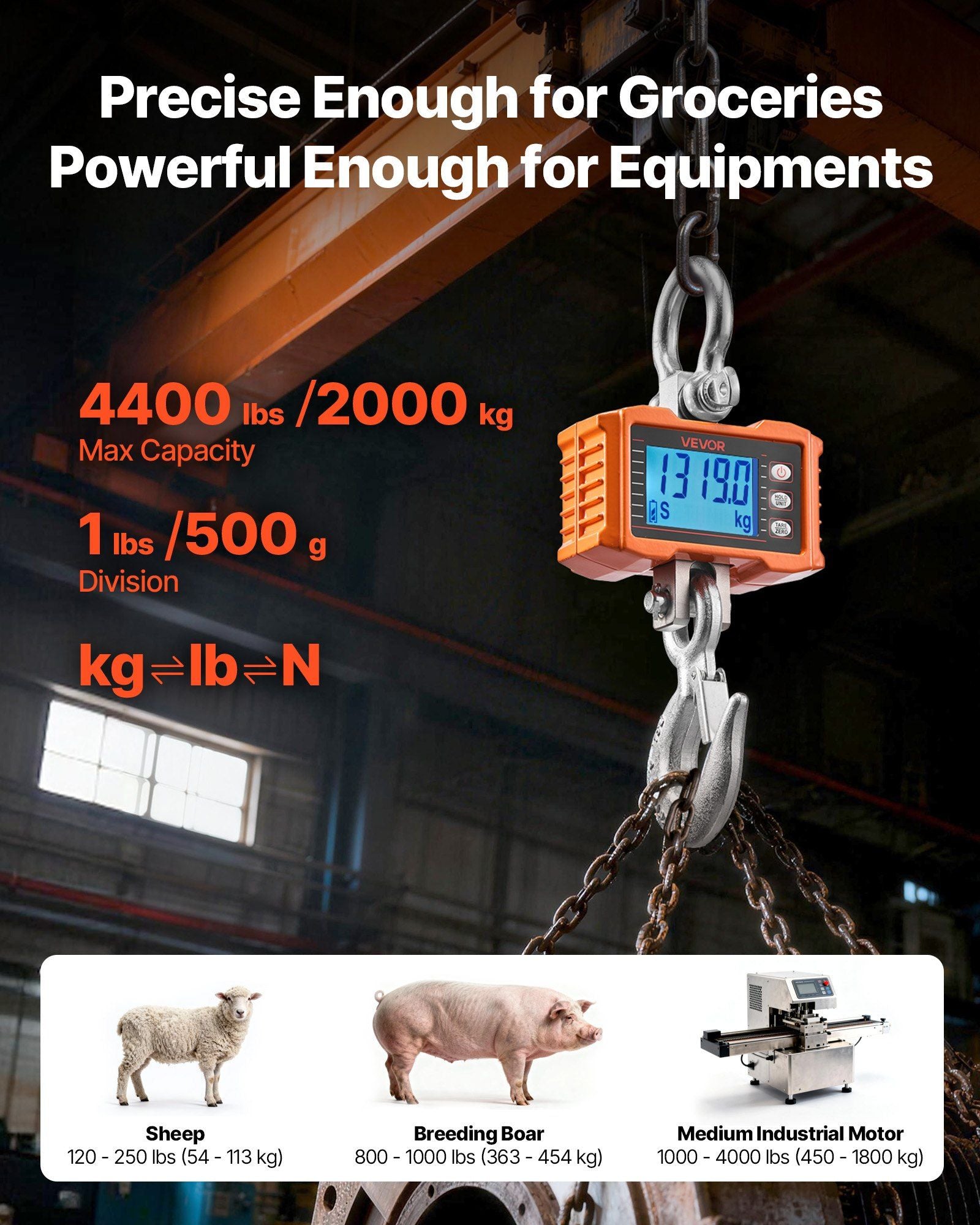 Digital Crane Scale, 4400 lbs/2000 kg Max Capacity, Heavy Duty Industrial Hanging Scale with Cast Aluminum V952-ZXDCDZK500GY8VDH7001V9