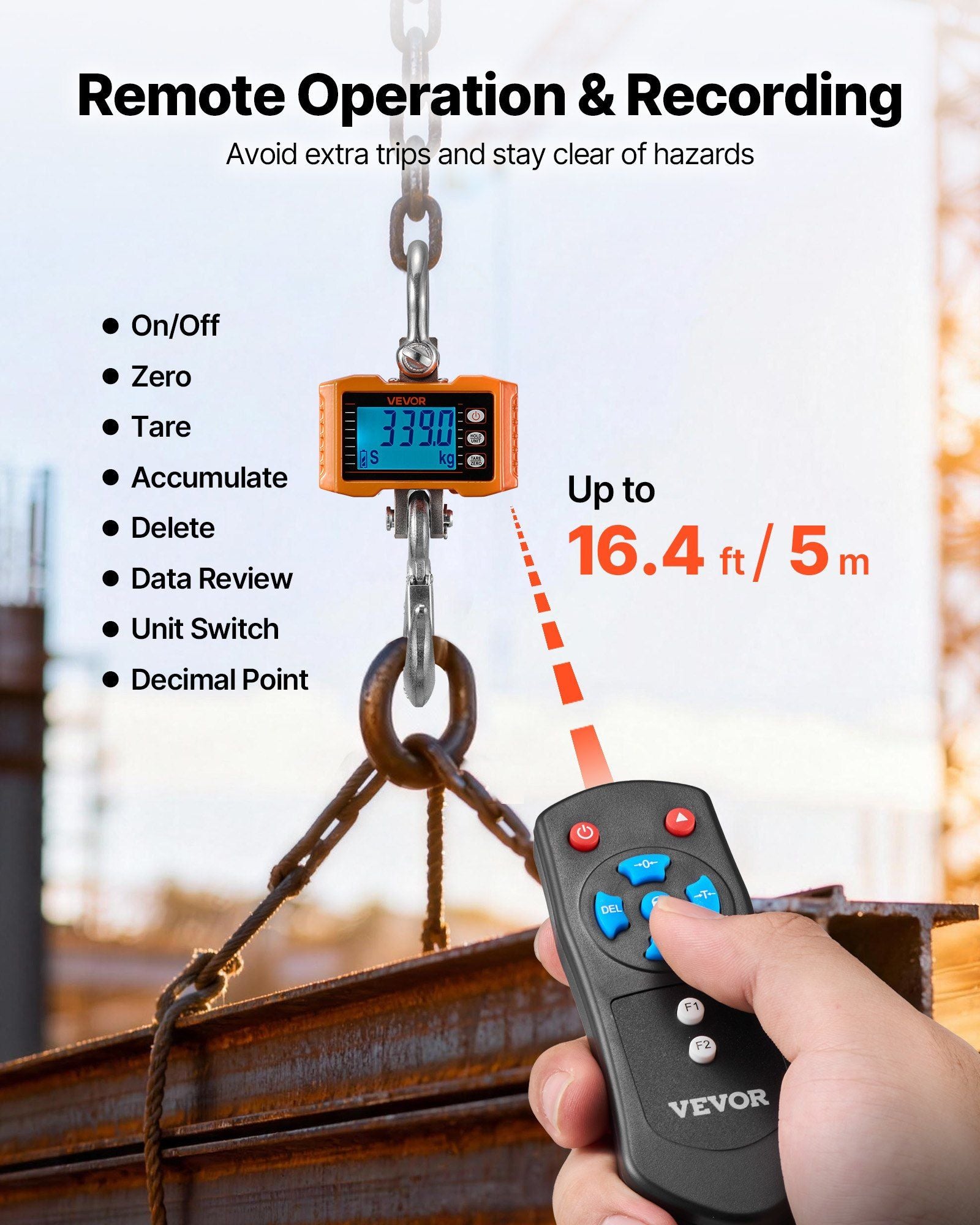 Digital Crane Scale, 4400 lbs/2000 kg Max Capacity, Heavy Duty Industrial Hanging Scale with Cast Aluminum V952-ZXDCDZK500GY8VDH7001V9
