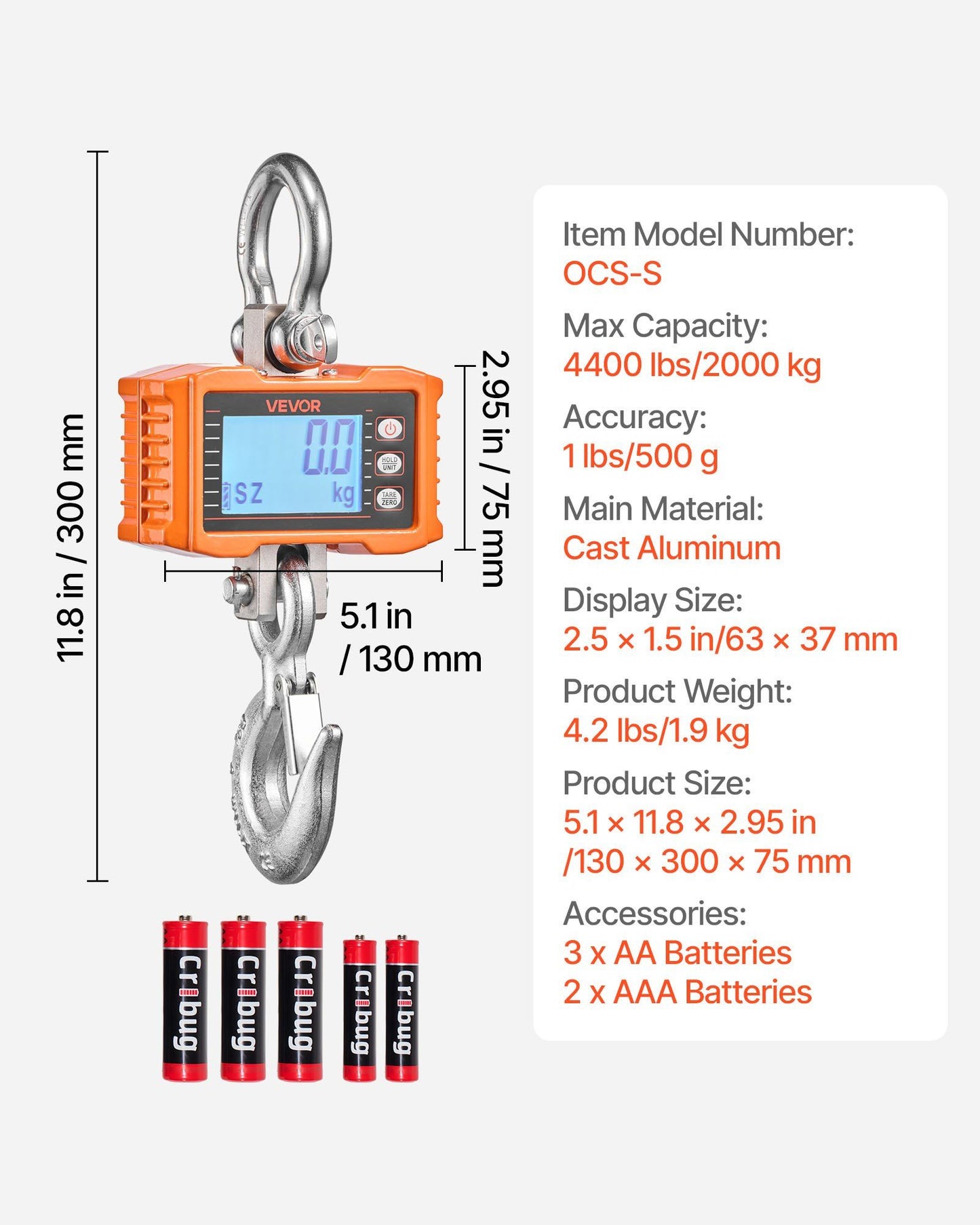 Digital Crane Scale, 4400 lbs/2000 kg Max Capacity, Heavy Duty Industrial Hanging Scale with Cast Aluminum V952-ZXDCDZK500GY8VDH7001V9
