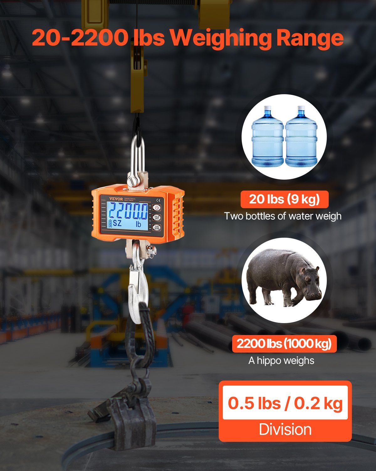 Digital Crane Scale, 2200 lbs/1000 kg, Industrial Heavy Duty Hanging Scale with Remote Control, Cast Aluminum V952-ZXDCZX200GYZ1AI1NV9