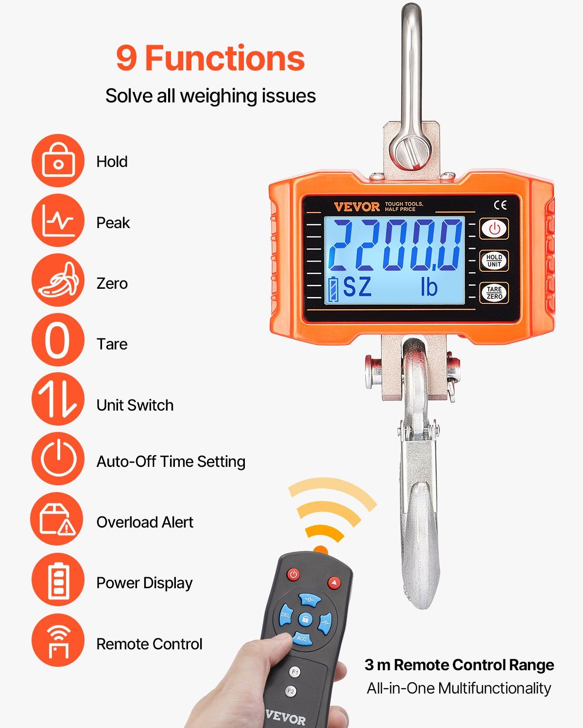 Digital Crane Scale, 2200 lbs/1000 kg, Industrial Heavy Duty Hanging Scale with Remote Control, Cast Aluminum V952-ZXDCZX200GYZ1AI1NV9