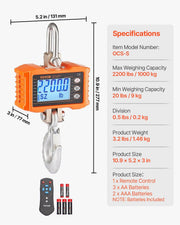 Digital Crane Scale, 2200 lbs/1000 kg, Industrial Heavy Duty Hanging Scale with Remote Control, Cast Aluminum V952-ZXDCZX200GYZ1AI1NV9