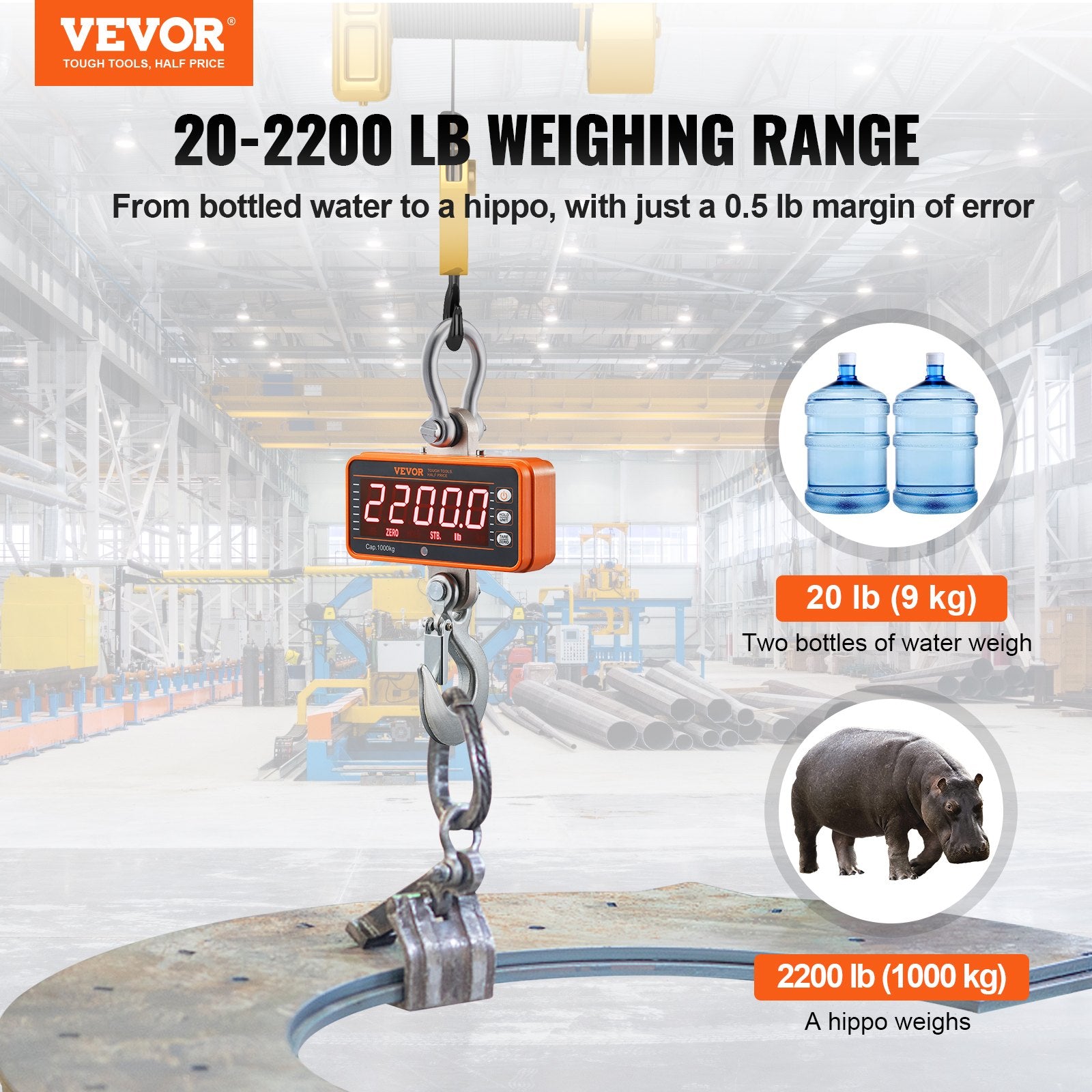 Digital Crane Scale, 2200 lbs/1000 kg, Industrial Heavy Duty Hanging Scale with Remote Control, Cast Aluminum V952-ZXDCZX200GYZ5IWZ1V9
